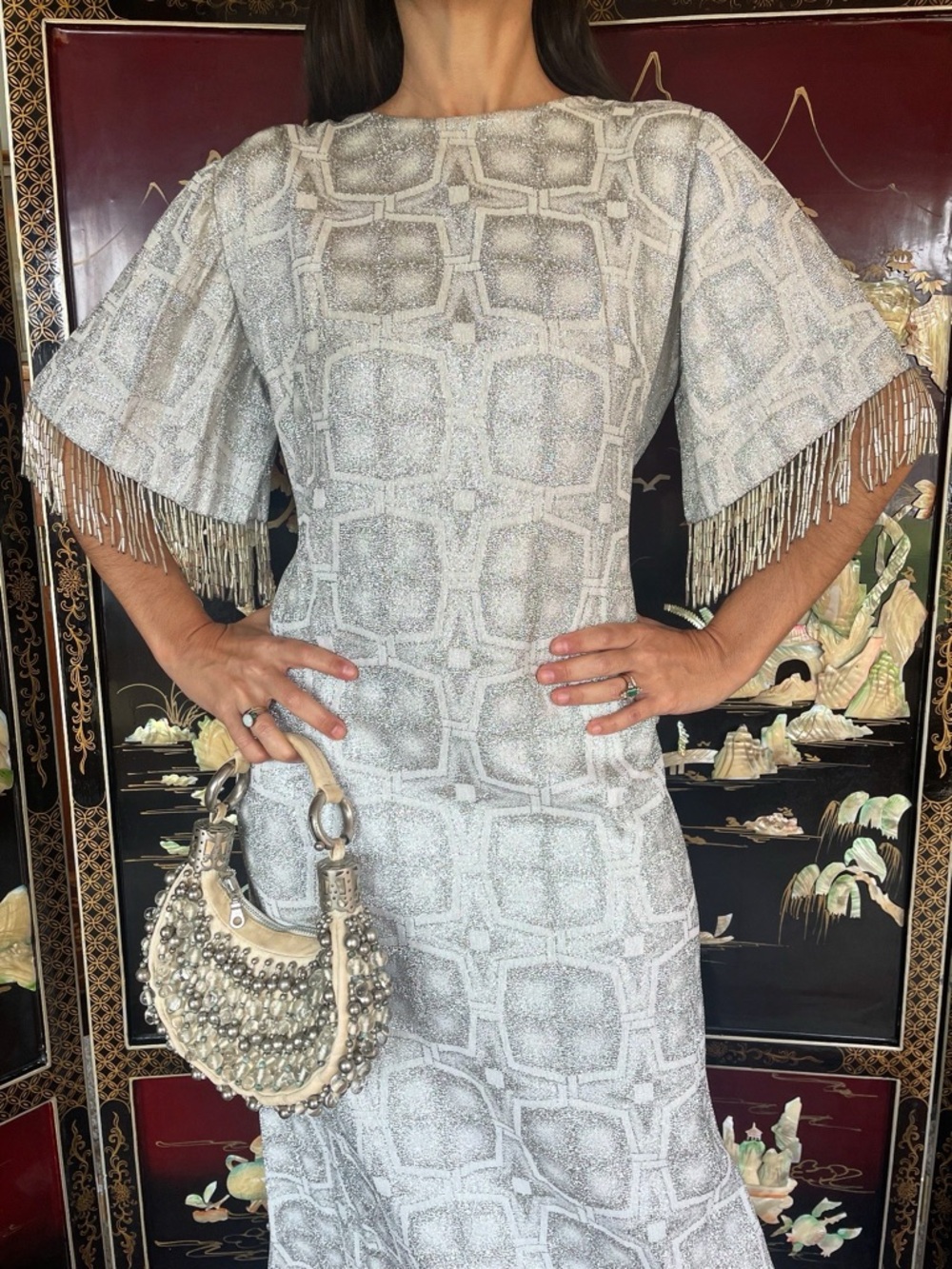 1960s brocade fringed gown